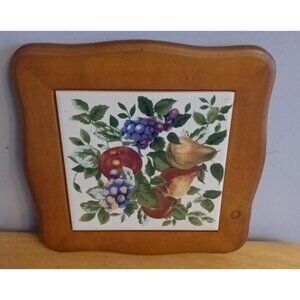 Vintage Wood Framed Decorated Ceramic Tile Trivet Wall Hanging 9" X 9"